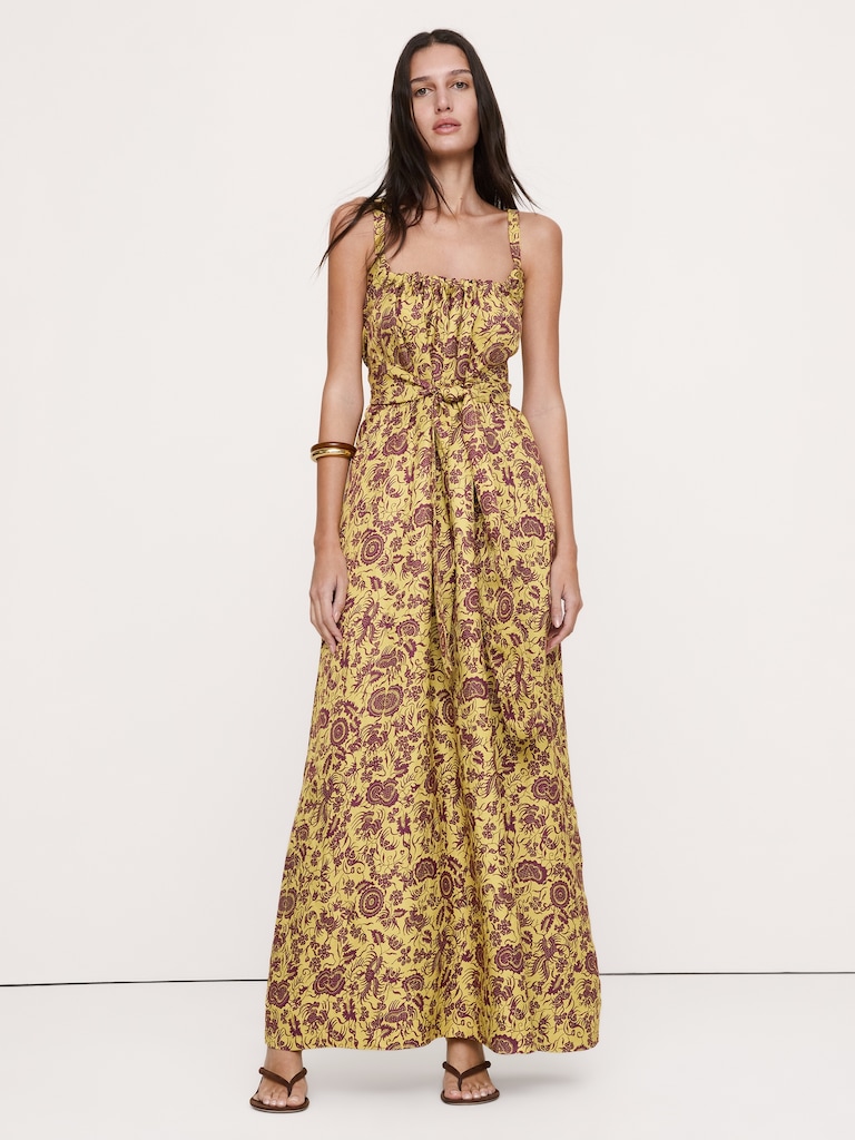 Viscose-Linen Gathered Maxi Dress