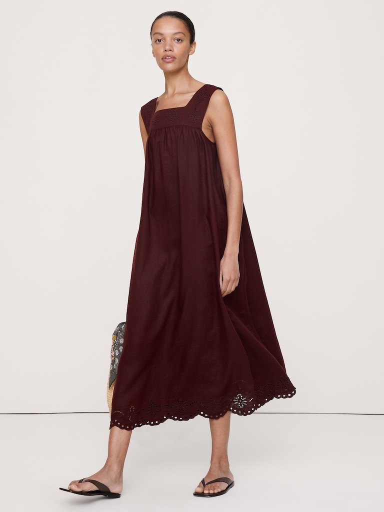 Embroidered Linen Square-Neck Dress