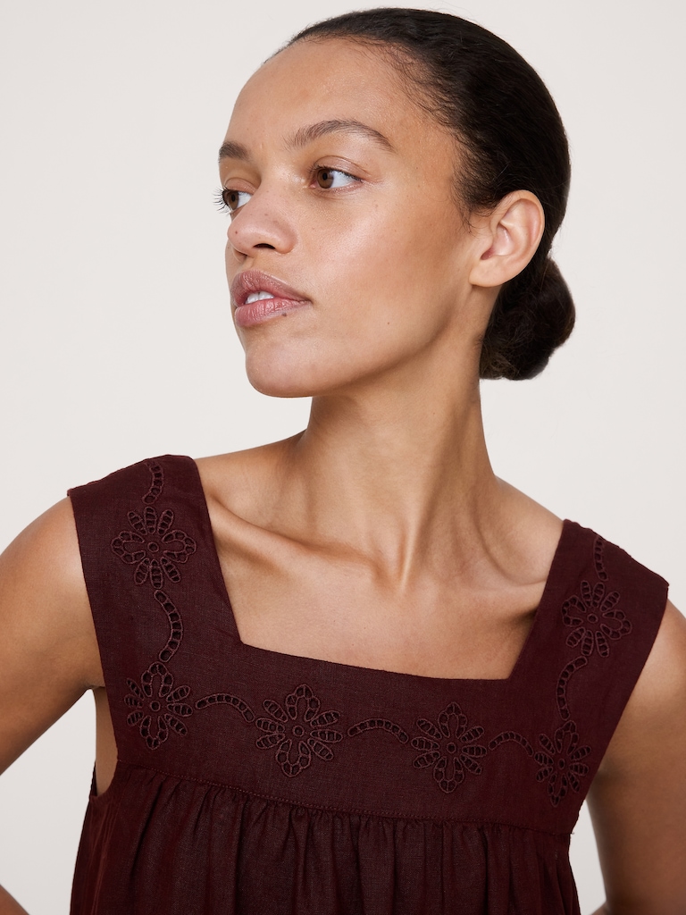 Embroidered Linen Square-Neck Dress