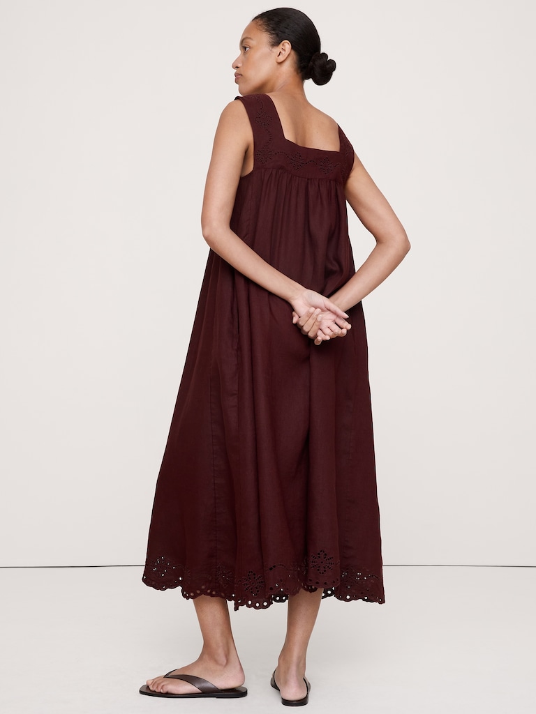 Embroidered Linen Square-Neck Dress