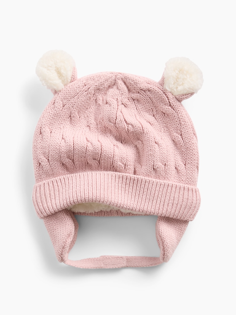Baby Sherpa-Lined Cable-Knit Bear Beanie