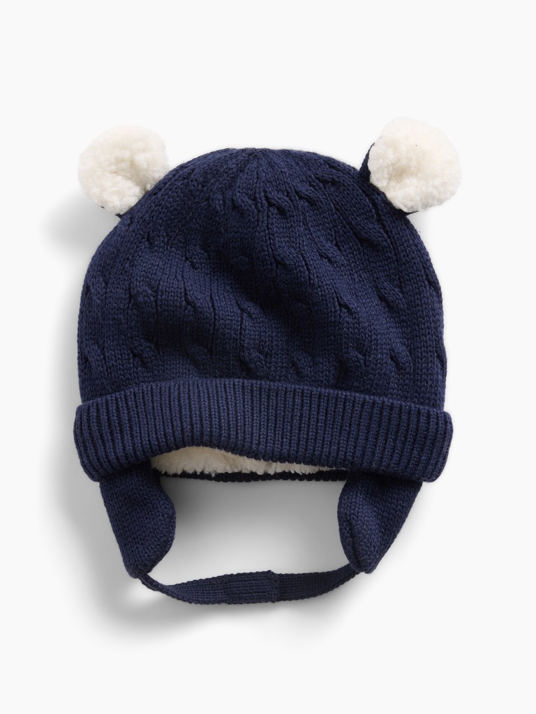 Baby Sherpa-Lined Cable-Knit Bear Beanie