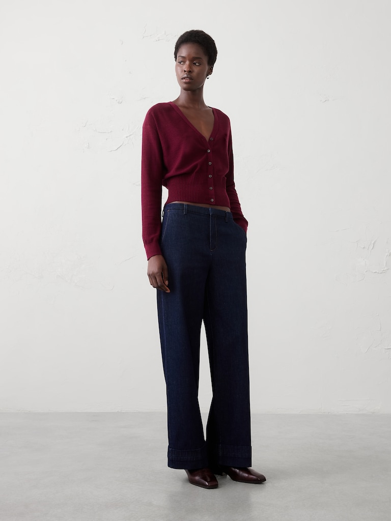 Merino Wool V-Neck Cropped Cardigan Sweater