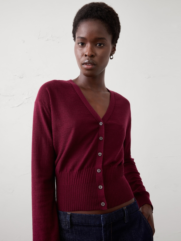 Merino Wool V-Neck Cropped Cardigan Sweater