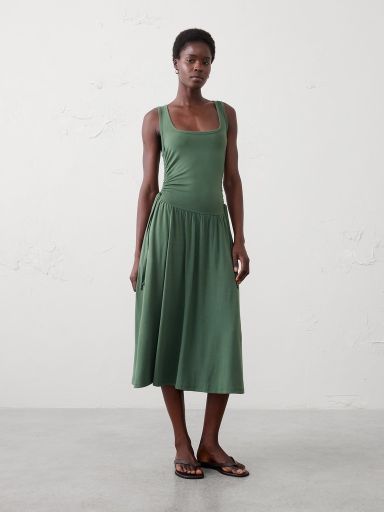 Knit Shirred-Waist Midi Dress