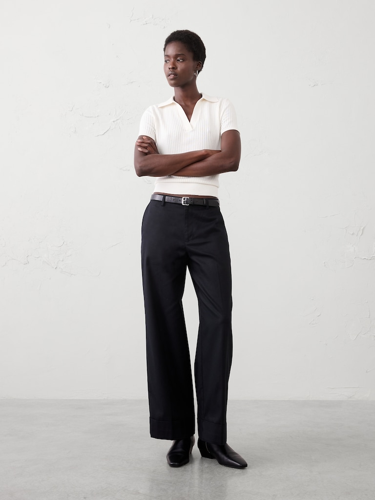 Wide-Leg Mid-Rise Drapey Twill Cuffed Pant