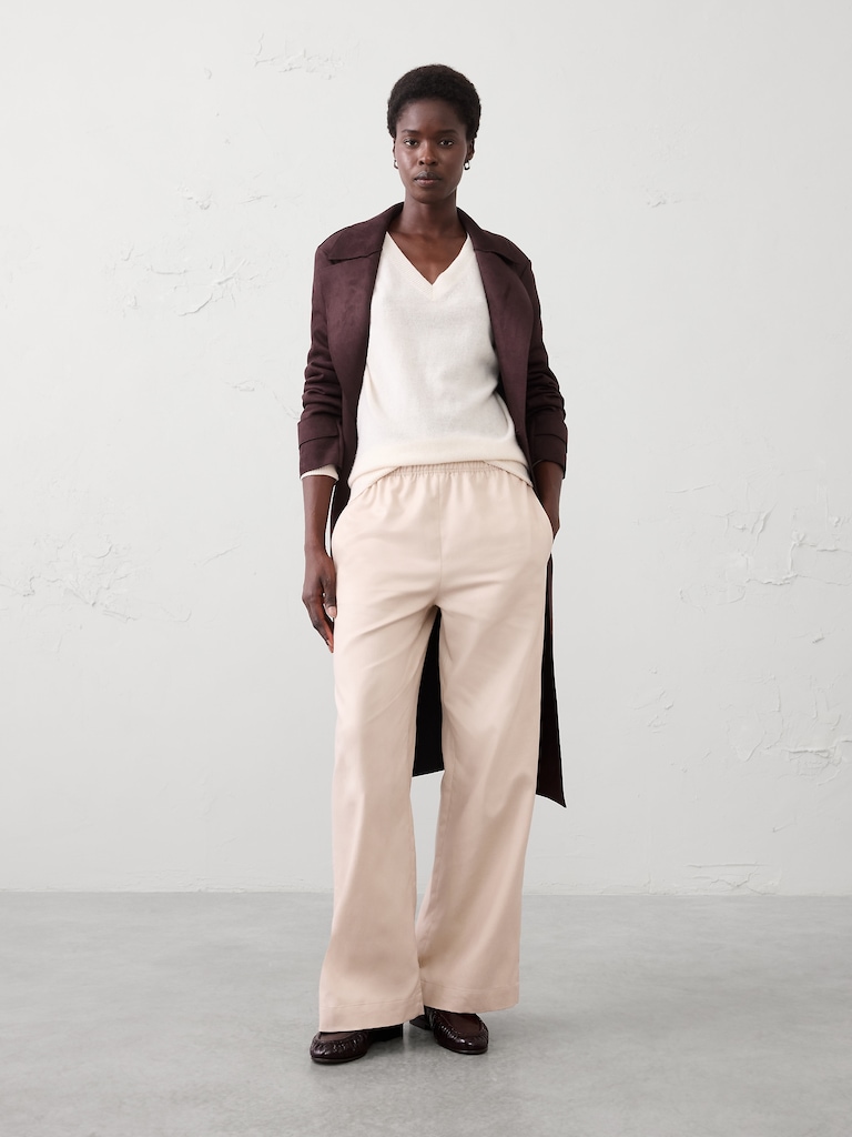 Wide--Leg High-Rise Drapey Twill Pull-On Pant