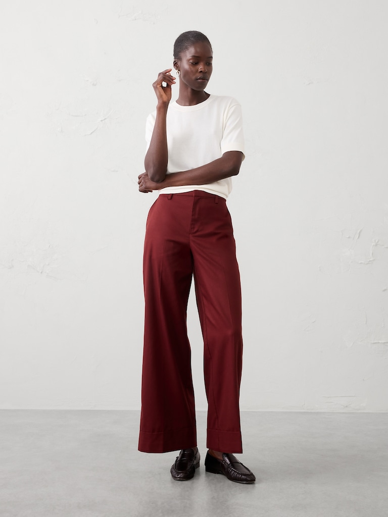 Wide-Leg Mid-Rise Drapey Twill Cuffed Pant