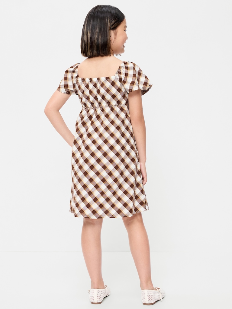 Robe courte à manches courtes flottantes en tissu froissé à carreaux pour Fille