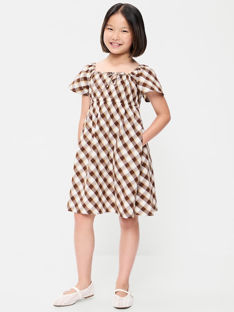 Robe courte à manches courtes flottantes en tissu froissé à carreaux pour Fille
