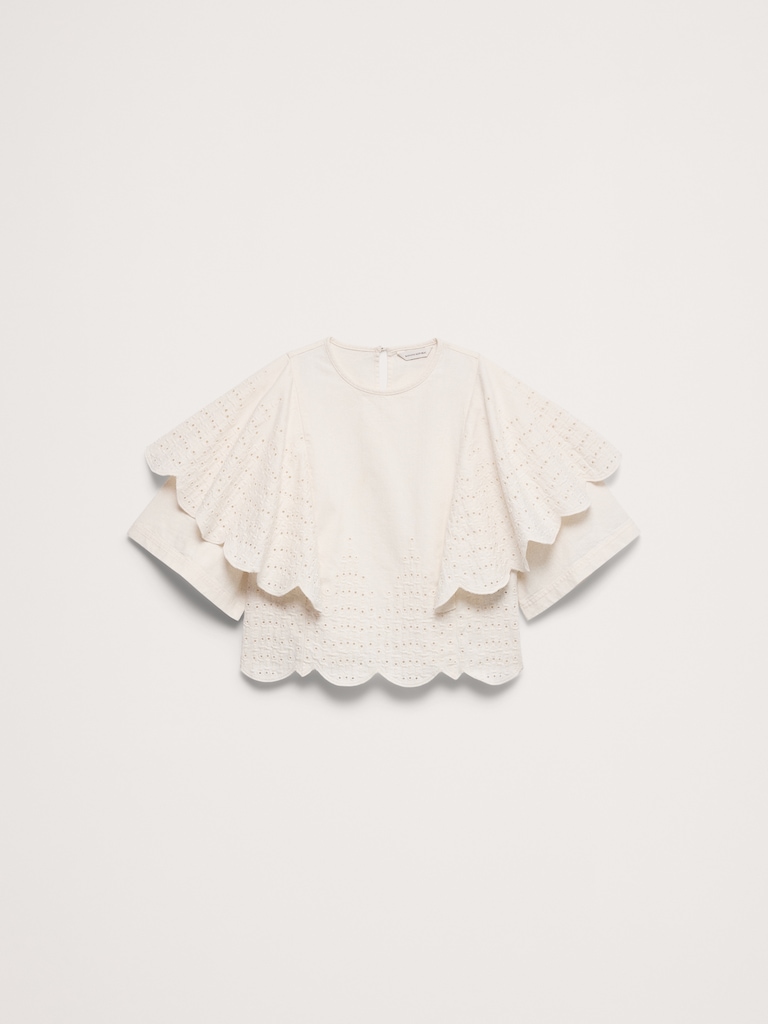 Eyelet Chambray Ruffle-Sleeve Top