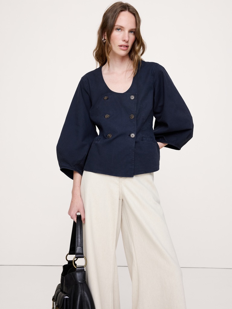 Cotton Canvas Puff-Sleeve Top