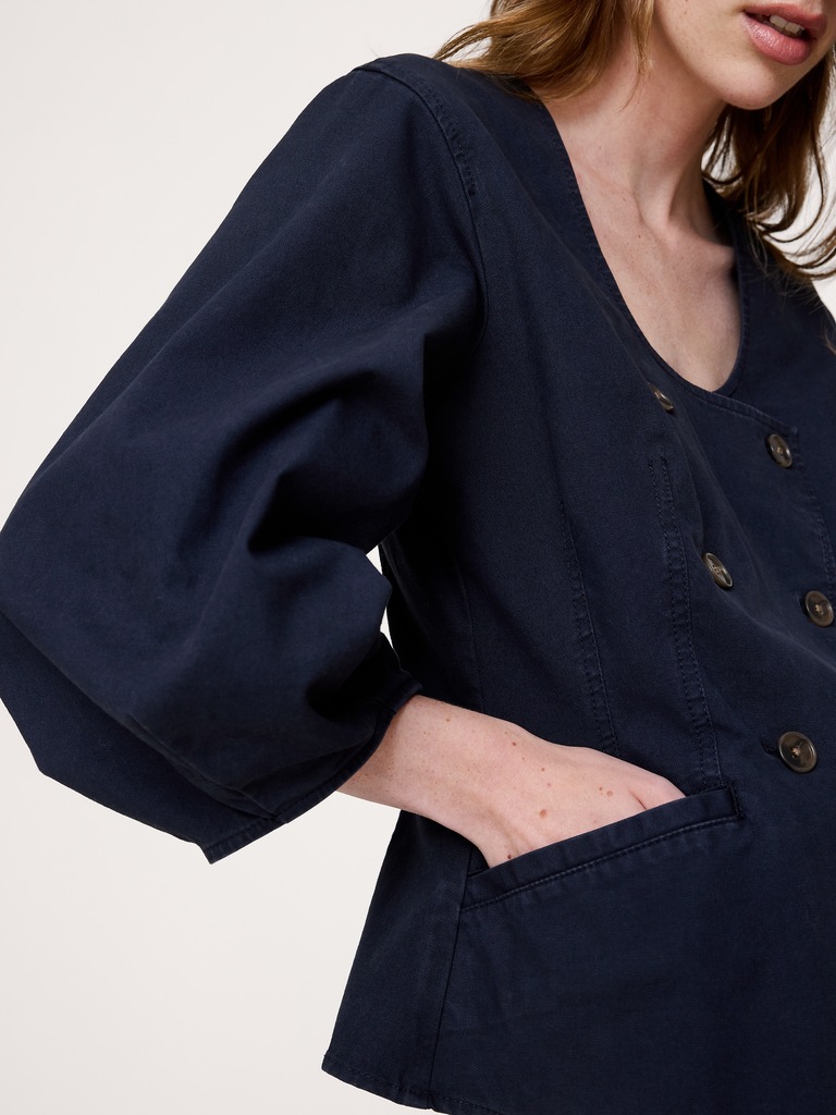 Cotton Canvas Puff-Sleeve Top