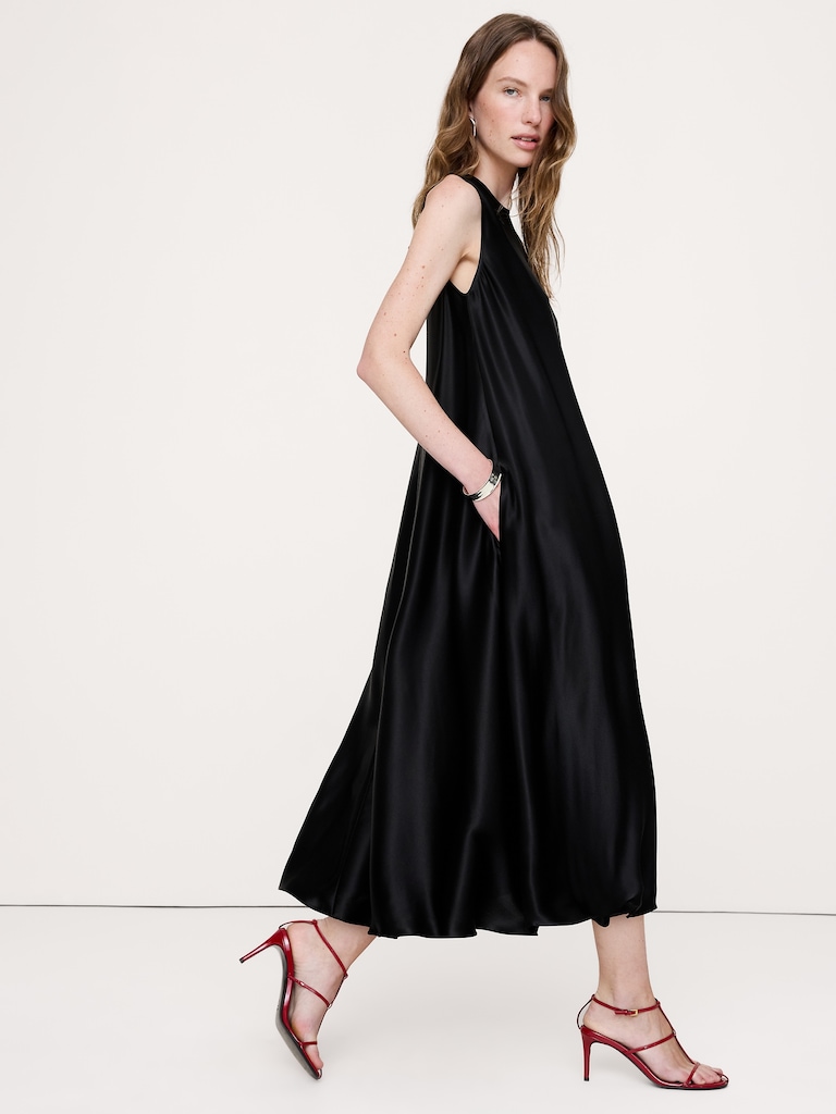 Italian Satin Sleeveless Trapeze Dress