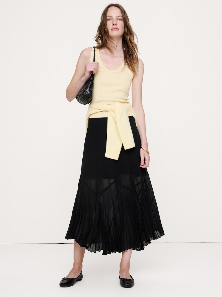 Chiffon Pleated-Trim Midi Skirt