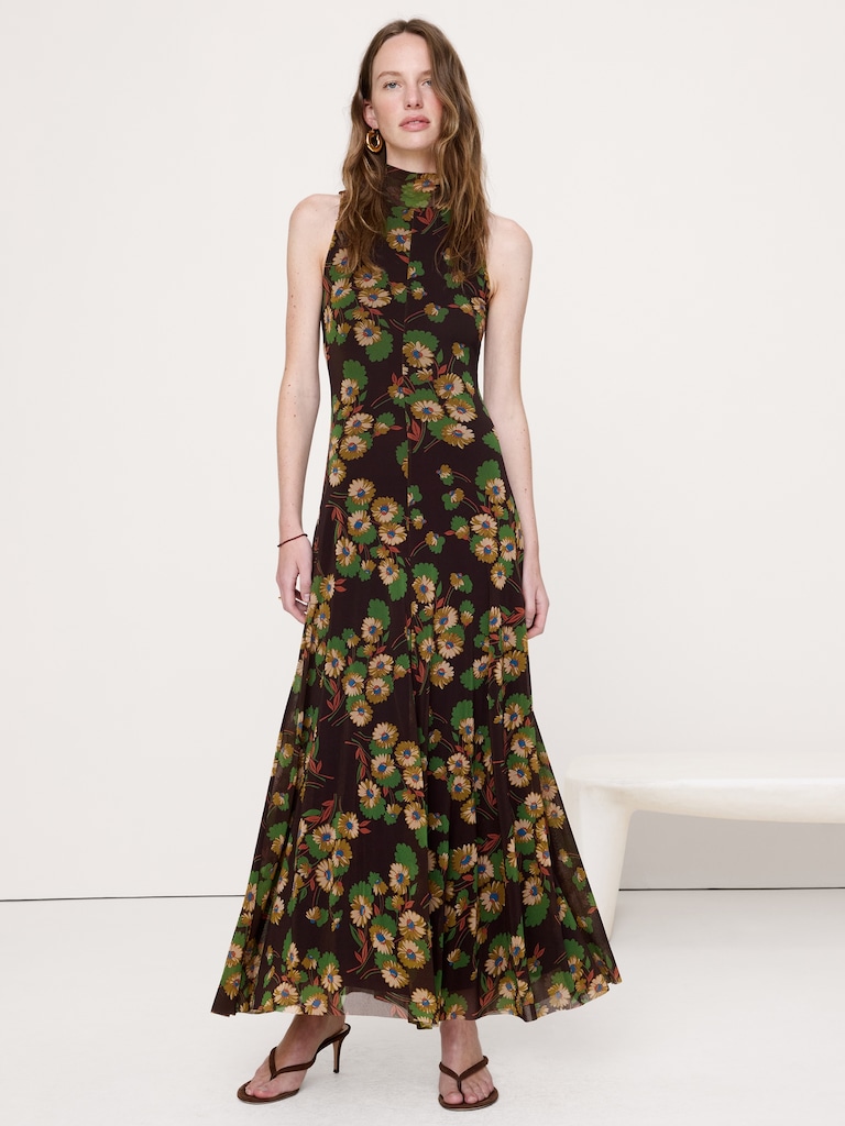 Mesh Tie-Neck Maxi Dress