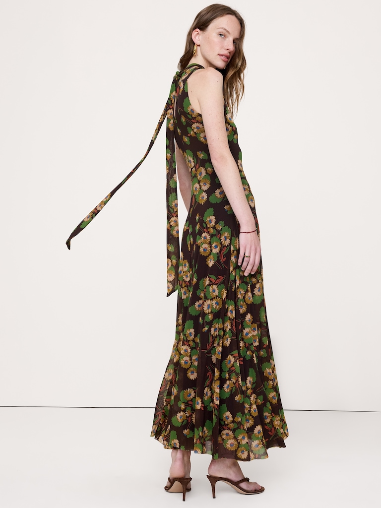 Mesh Tie-Neck Maxi Dress