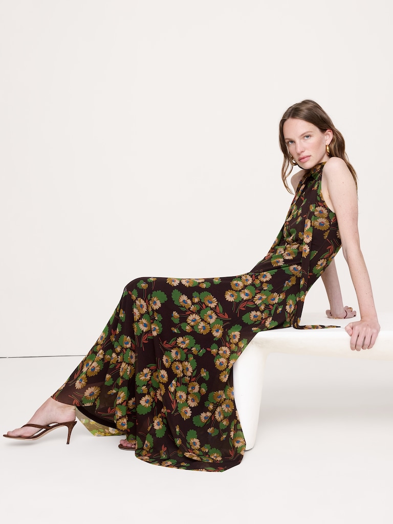 Mesh Tie-Neck Maxi Dress