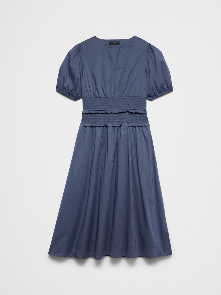 Puff-Sleeve Smocked-Waist Midi Dress