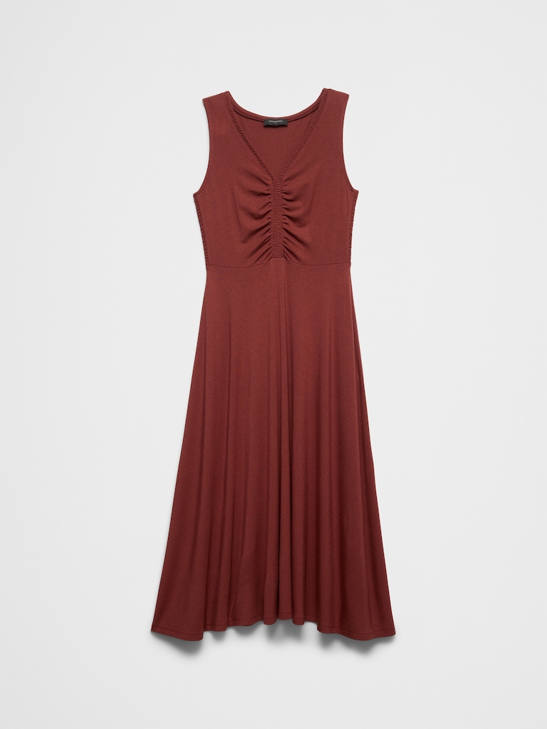 Shirred V-Neck Midi Dress