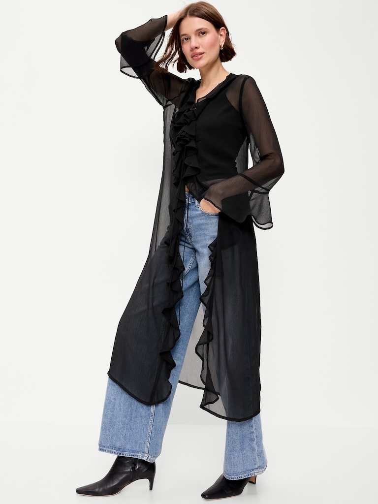 Long-Sleeve Sheer Chiffon Duster