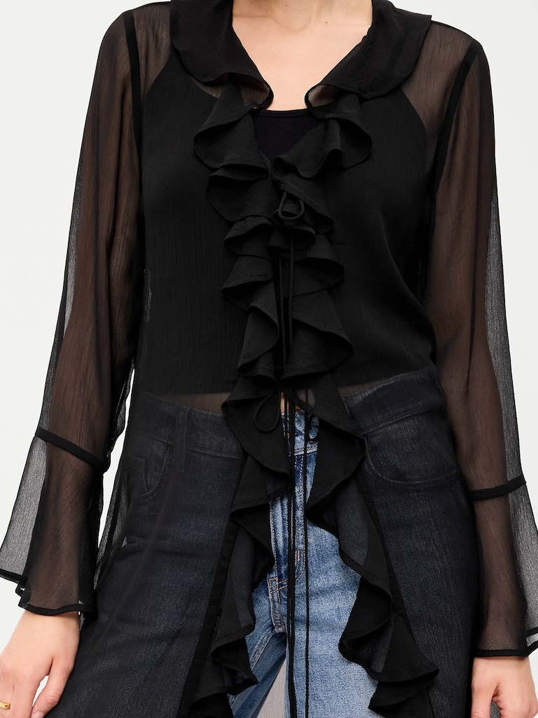 Long-Sleeve Sheer Chiffon Duster