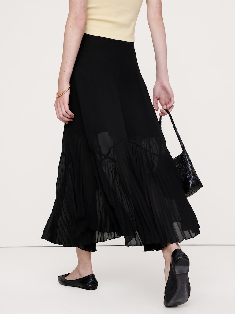 Chiffon Pleated-Trim Midi Skirt