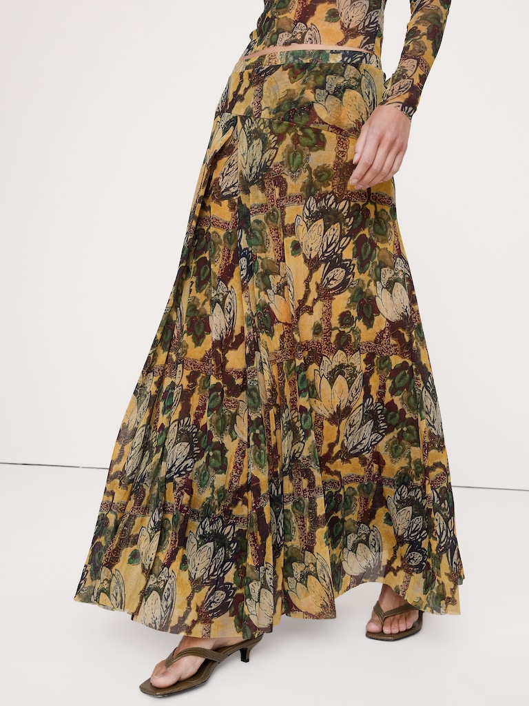 Mesh Pleated Maxi Skirt