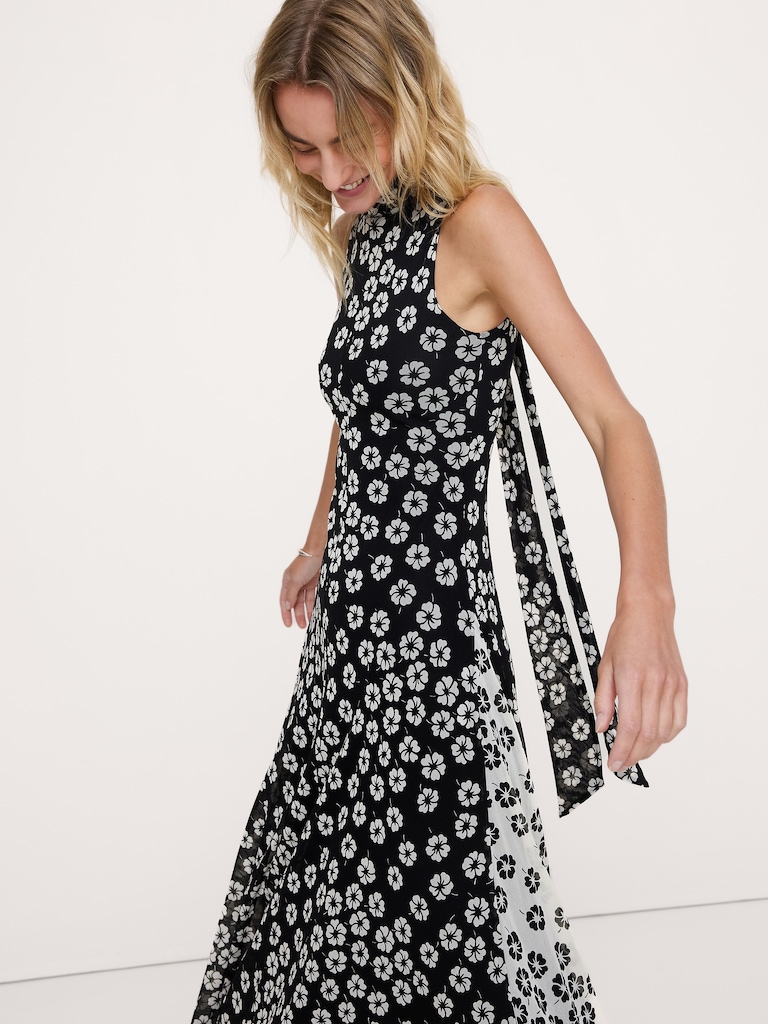 Mesh Tie-Neck Maxi Dress