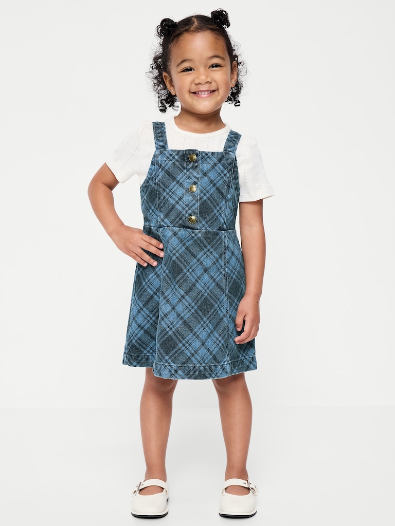 Ensemble robe sans manches en denim à carreaux et t-shirt pour toute-petite
