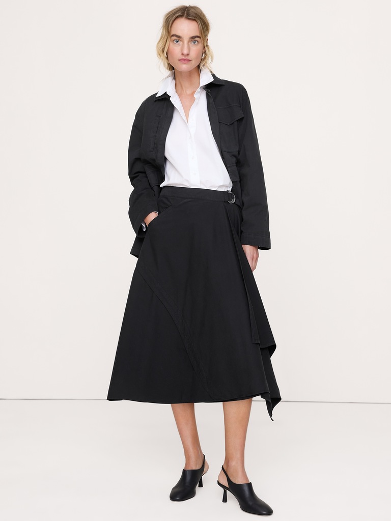 Cotton Twill Asymmetrical Wrap Midi Skirt