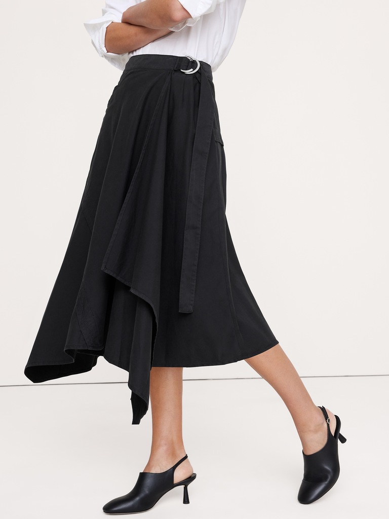 Cotton Twill Asymmetrical Wrap Midi Skirt