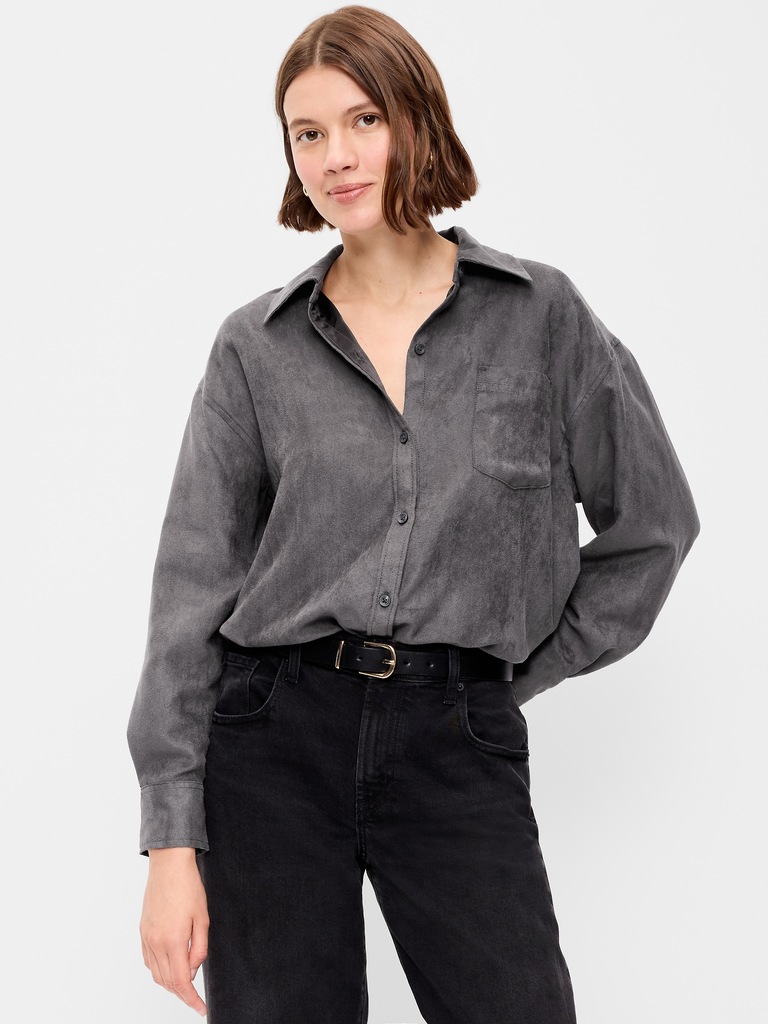 Oversized Faux-Suede Button-Down Boyfriend Shirt