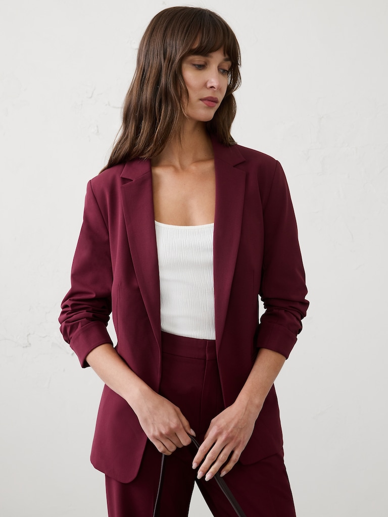 Sculpted Stretch Ruched-Sleeve Blazer