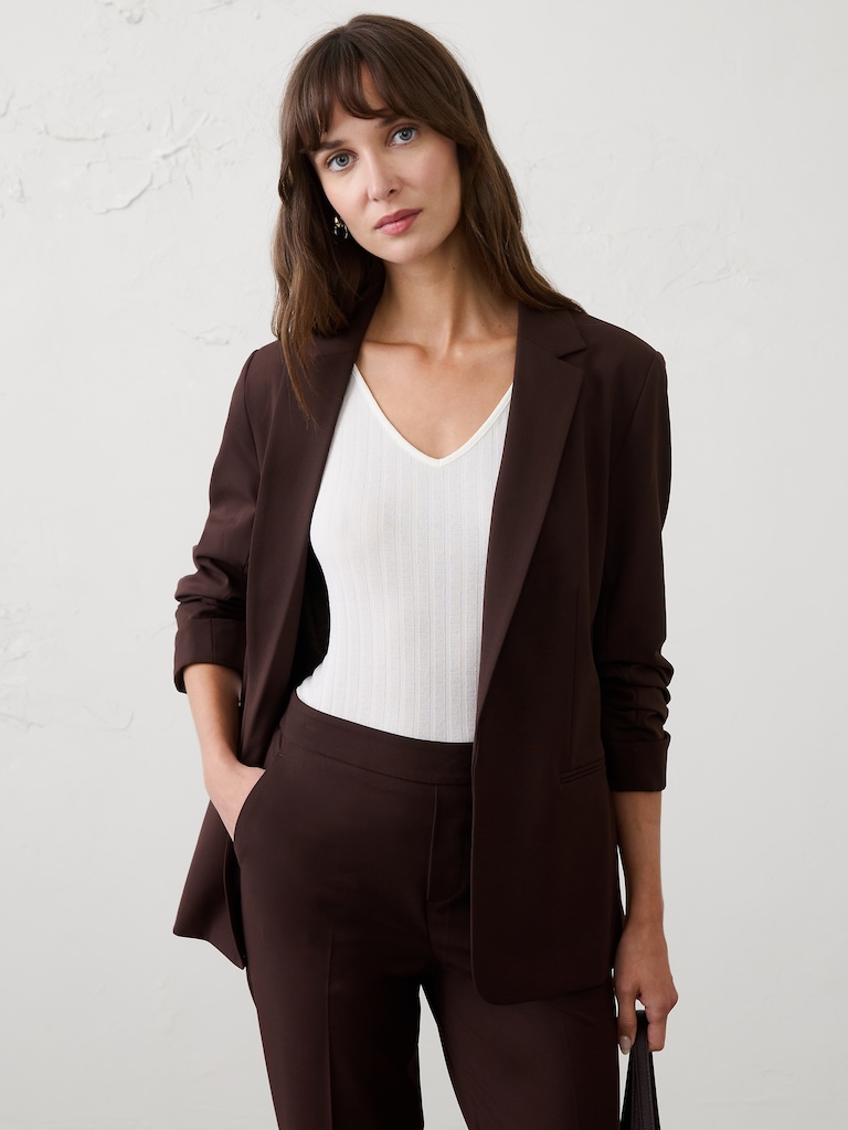 Sculpted Stretch Ruched-Sleeve Blazer