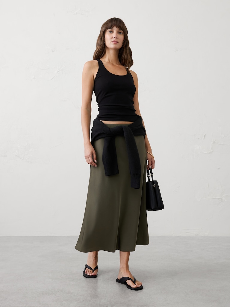 Sheen Twill Pull-On Midi Skirt