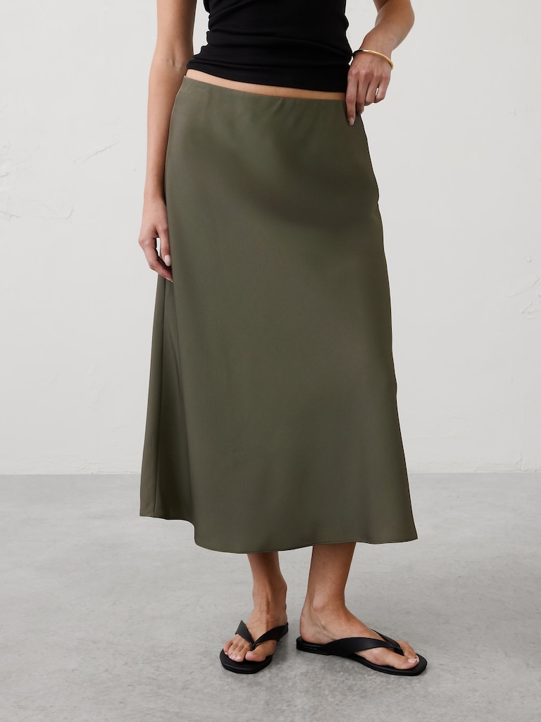 Sheen Twill Pull-On Midi Skirt