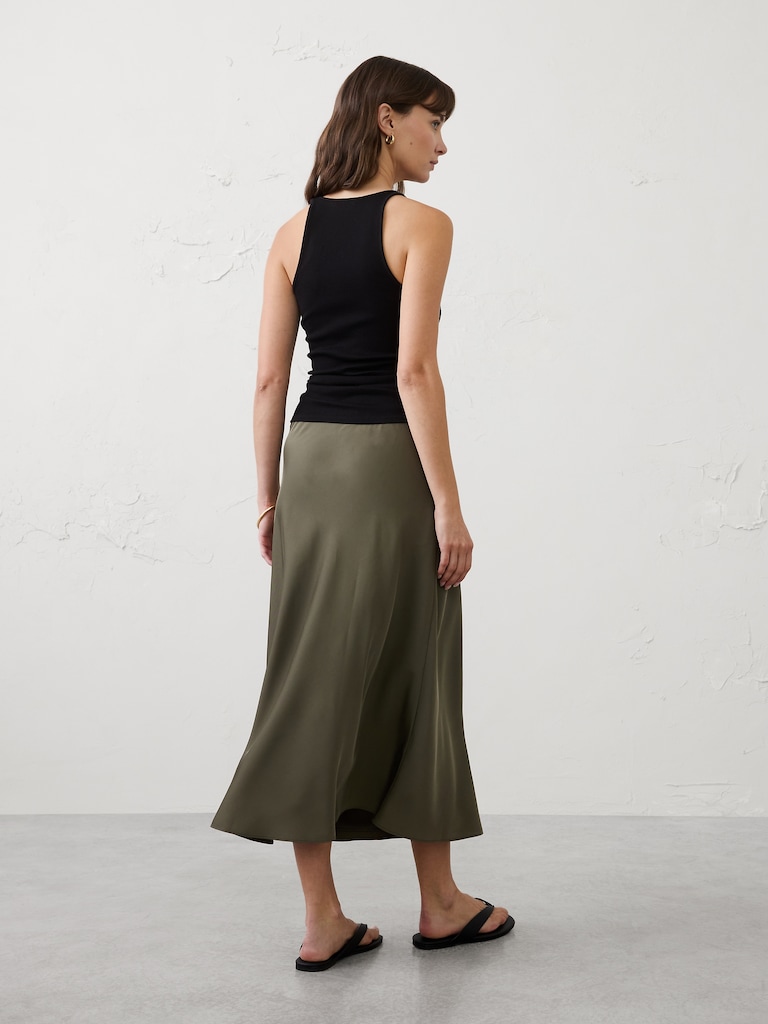 Sheen Twill Pull-On Midi Skirt