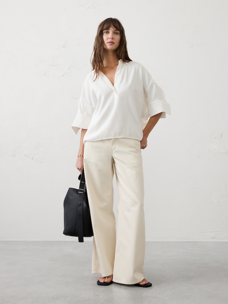 Drapey Twill Collared Popover Top