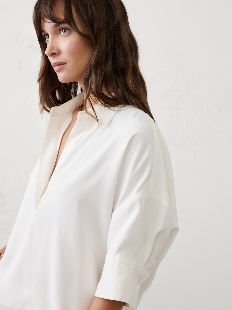 Drapey Twill Collared Popover Top