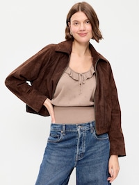 Full-Zip Faux-Suede Harrington Jacket