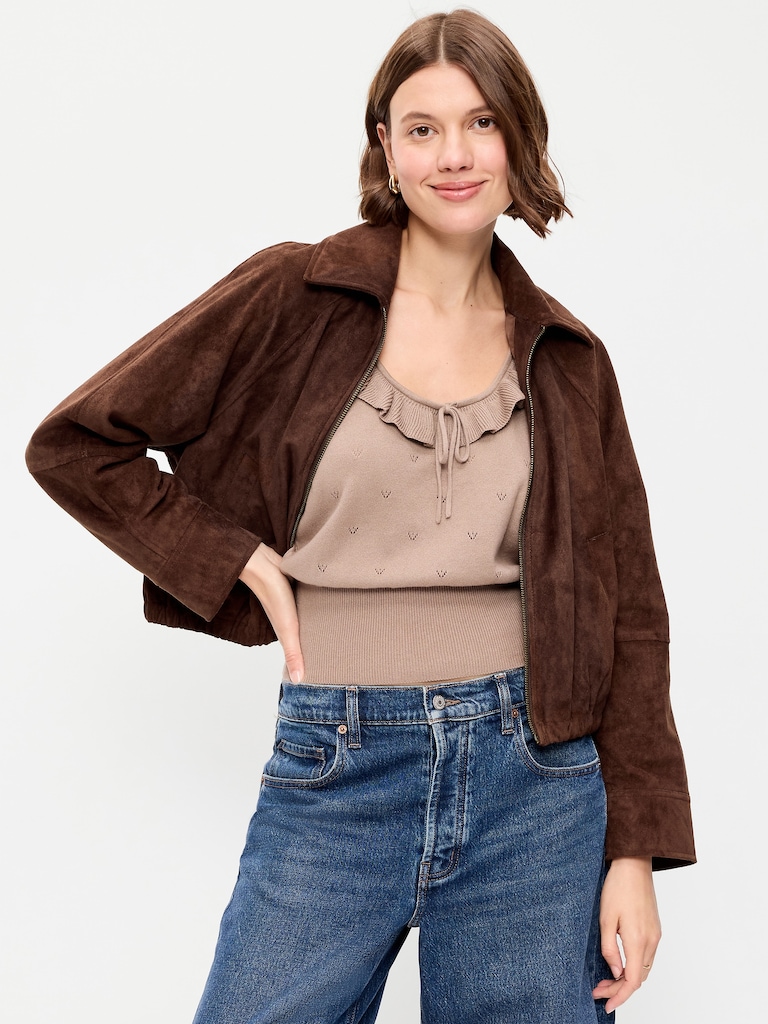 Full-Zip Faux-Suede Harrington Jacket