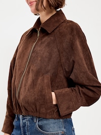 Full-Zip Faux-Suede Harrington Jacket