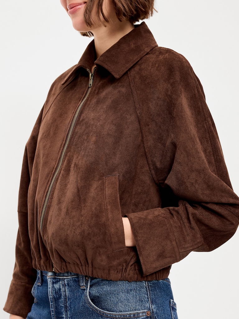 Full-Zip Faux-Suede Harrington Jacket