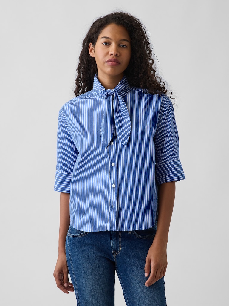 Organic Cotton Poplin Tie-Neck Shirt