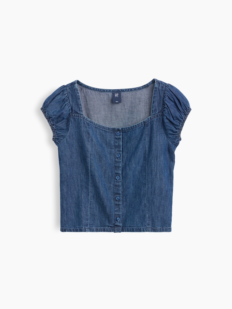 Kids Denim Puff-Sleeve Button-Front top