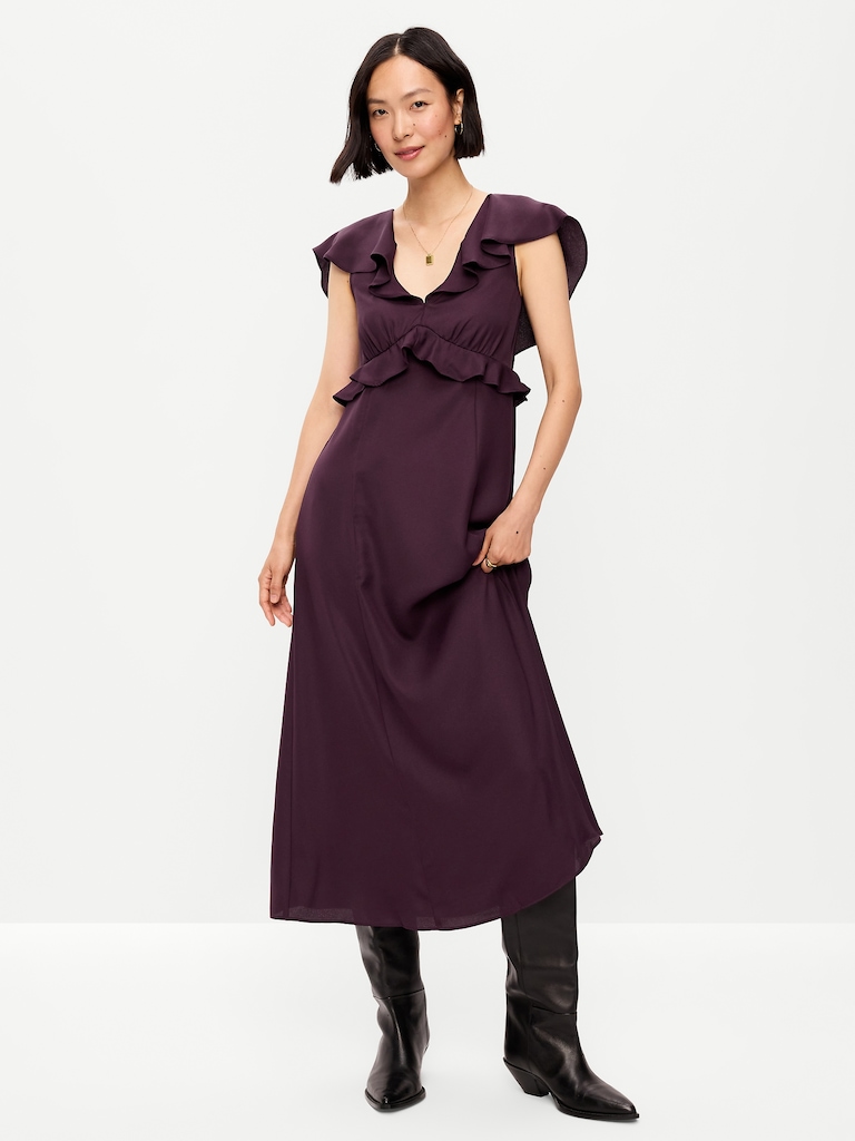 Flutter-Sleeve Crepe Maxi Dress