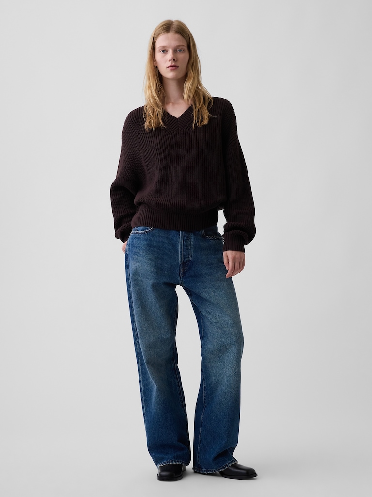 100% Cotton Oversized Shaker V-Neck Sweater