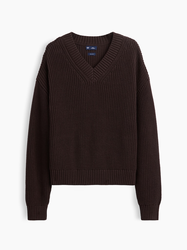 100% Cotton Oversized Shaker V-Neck Sweater
