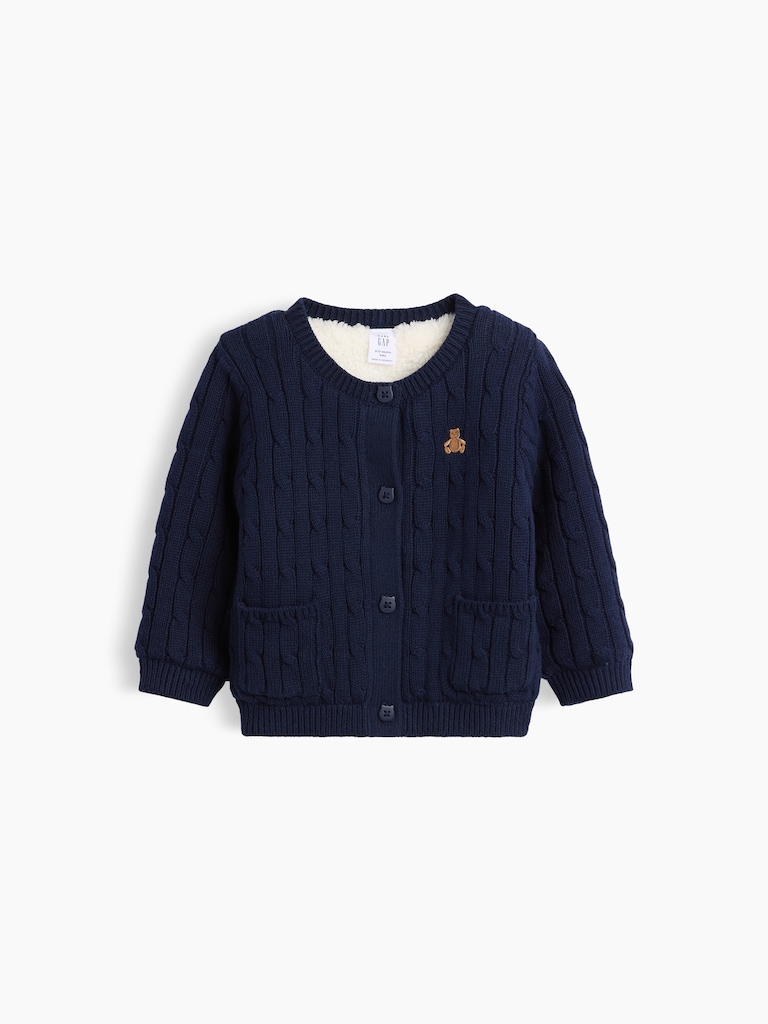 Baby Sherpa-Lined Cable-Knit Cardigan Sweater